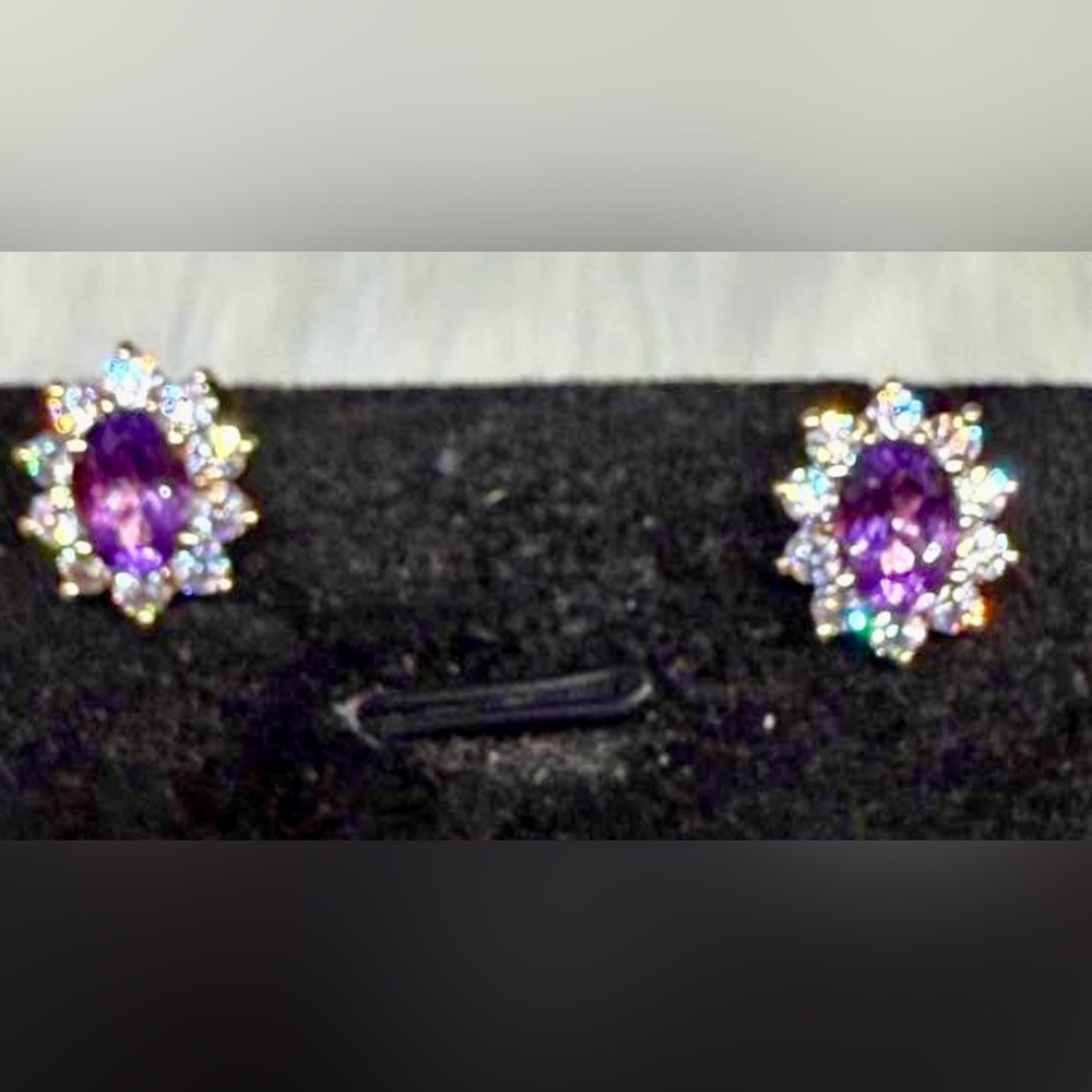 New 10K Solid Real Gold sunburst diamond cz purple gemstone earrings studs - Picture 2 of 7